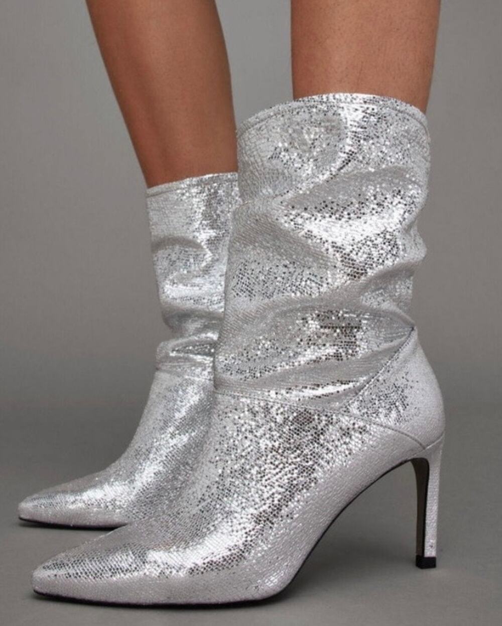 All Saints Orlana Metallic Silver Shimmer Leather Mid Calf Boots 3” heel 8